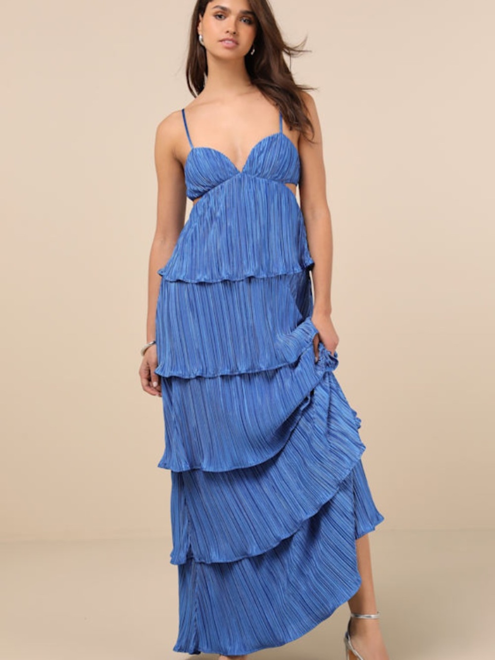 Lulus Kanya Blue Satin Plisse Tiered Maxi Dress - Size S